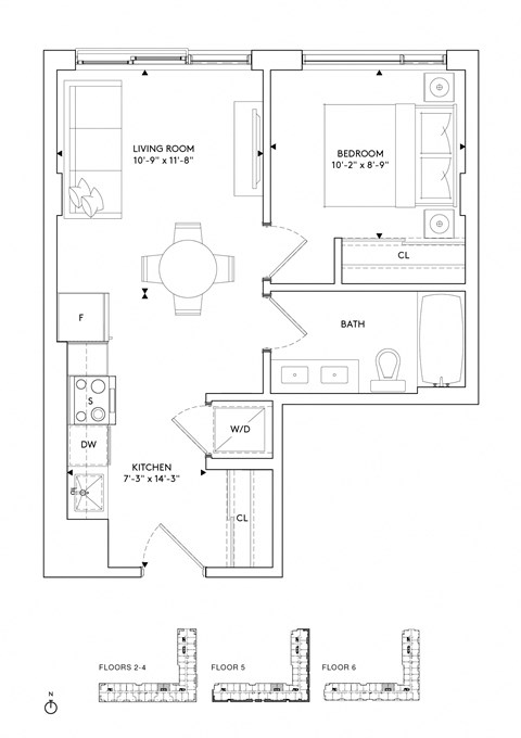 Floor plan for 1 bed, 1 bath, 529 sqft